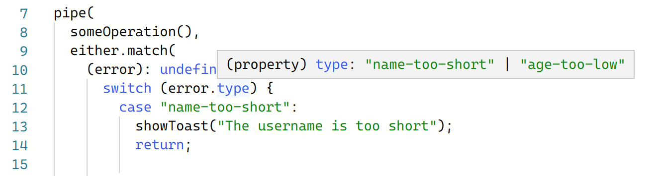 Precise type information about the error.type in the fp-ts variant of the code