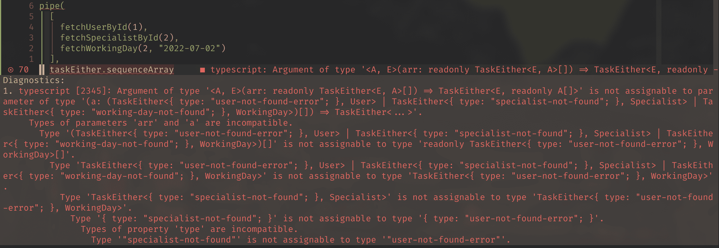 Error message when using taskEither.sequenceArray to combine the results. Error types are different and cannot be combined.