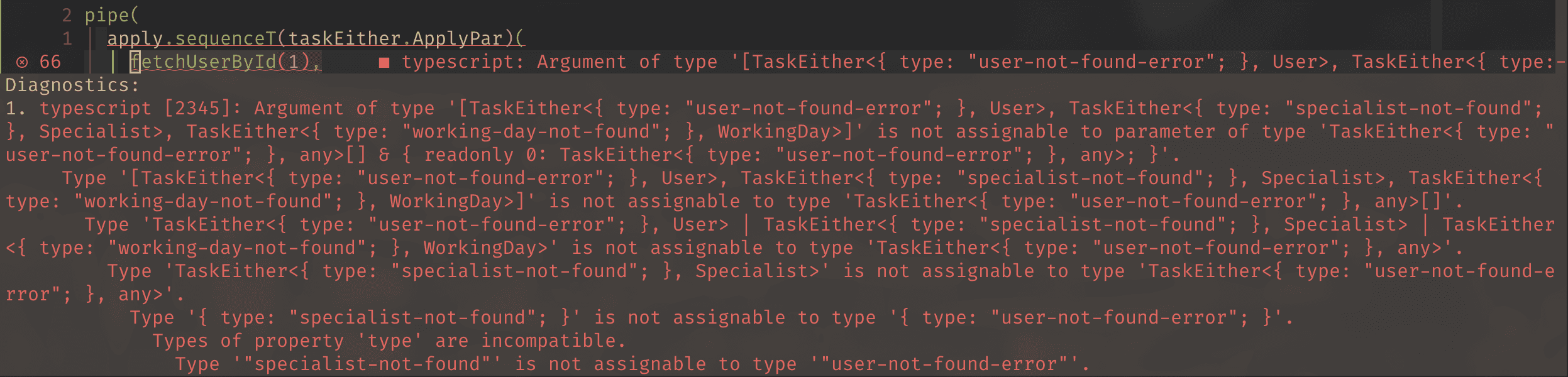 Error message when using apply.sequenceT to combine the results. Error types are different and cannot be combined.