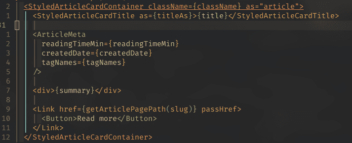 Screenshot of that same code from earlier. JSX is highlighted in rainbow
colors but the highlight includes the props. JSX self-closing elements are not
highlighted at
all.