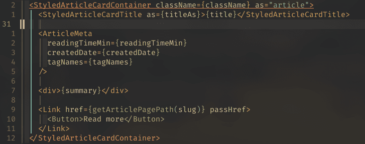 Screenshot of the prior JSX code with matching JSX tag names highlighted using
the same color. Tags on different levels of nesting are highlighted in different
colors